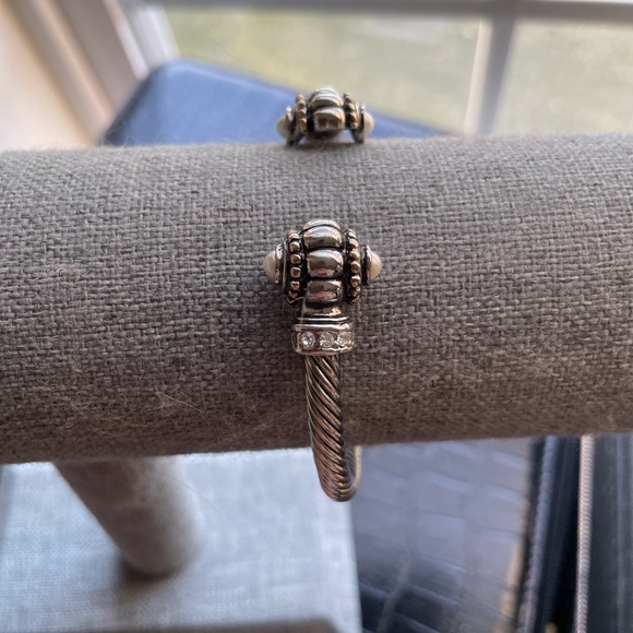 Twisted Cable Cuff Faux Pearl Bracelet Silver Tone, Rhinestones / Faux Pearls - Picture 6 of 10